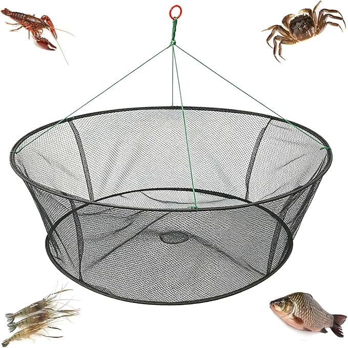 Portable Folded Fishing Net, Crab Net Fish Net with Fishing Rope, Hand Casting Cage Crab Net, Foldable Fishing Mesh Trap for,Minnows,Lobster,Crawfish, Shrimp etc.