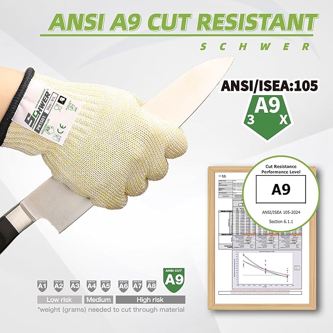 Schwer SlicePro ANSI A9 Cut Resistant Gloves, Food Grade Cutting Gloves for Kitchen Food Prep, Mandoline Gloves for Meat Cutting, Oyster Shucking, Fish Fillet Processing, PR1501, L