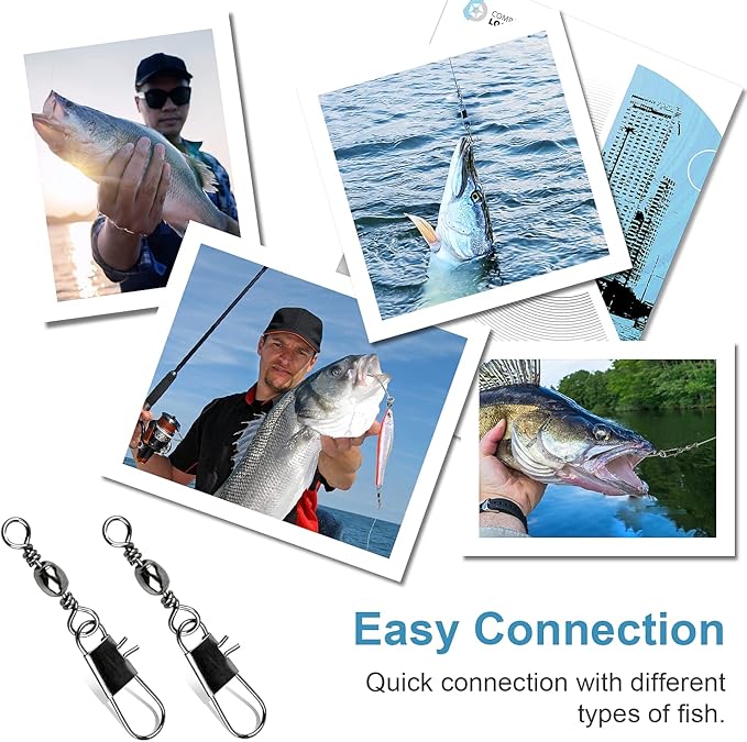 ReeMoo 200PCS Fishing Rolling Ball Bearing Barrel Swivel with Safety Snap Connector Fishing Accessories #2#4#6#8#10