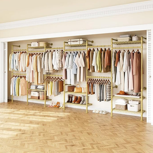 H6 Wall Mounted Closet System, Industrial Pipe Clothes Rack Clothing Racks with 6 Telescopic Rods & 3 Fixing Rods & 9 Shelves, Heavy Duty Closet Organizers and Storage in Wardrobe Closet (Gold)