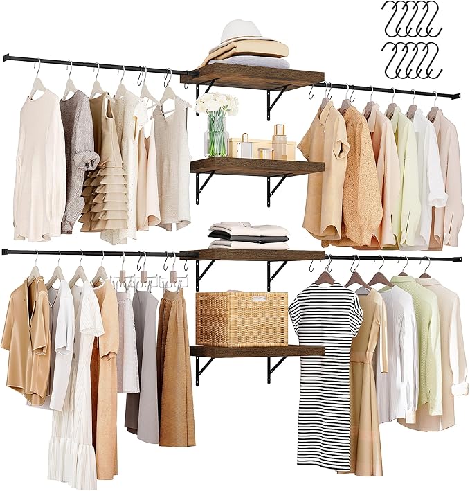 DWVO Closet Organizer System, Wall-Mounted Garment Rack Walk In Closet System, 4 Expandable Hanger Rods 4-Tier Wood Closet Storage Shelves with Backplane, Fits 6-9 ft Space, Black