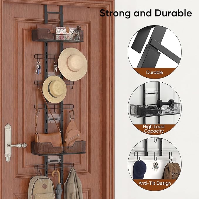 Purse Organizer, Bag Organizer for Closet Door, Over The Door Hanging Handbag Storage Rack with Adjustable 12 Metal Hooks & 2 Baskets, Foldable, No Tools Installation