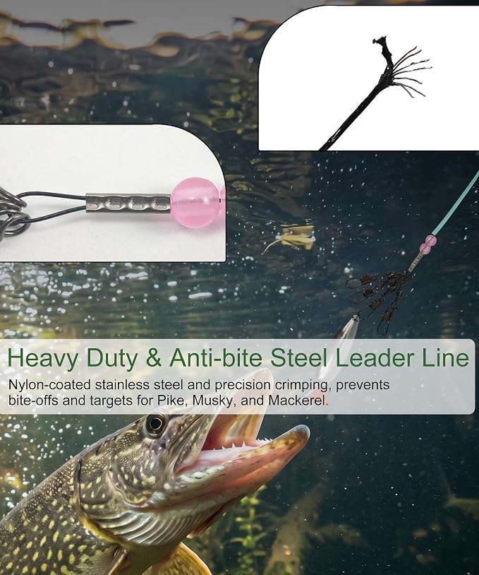 Fishing Wire Leader 15cm Stainless Steel Anti-bite Trace with 3 Pink UV Luminous Beads & Glow Tube - 20pcs Heavy Duty Steel Leaders for Pike, Mackerel, Musky, Shark - Saltwater Fishing Tackle