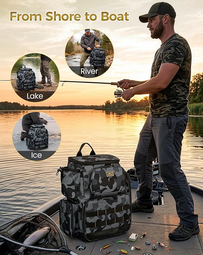 MATEIN Pro Fishing Backpack with 4 Tackle Boxes, 3600 Tackle Box Backpack with Rod Holder, Large Side Gear Storage & Cooler
