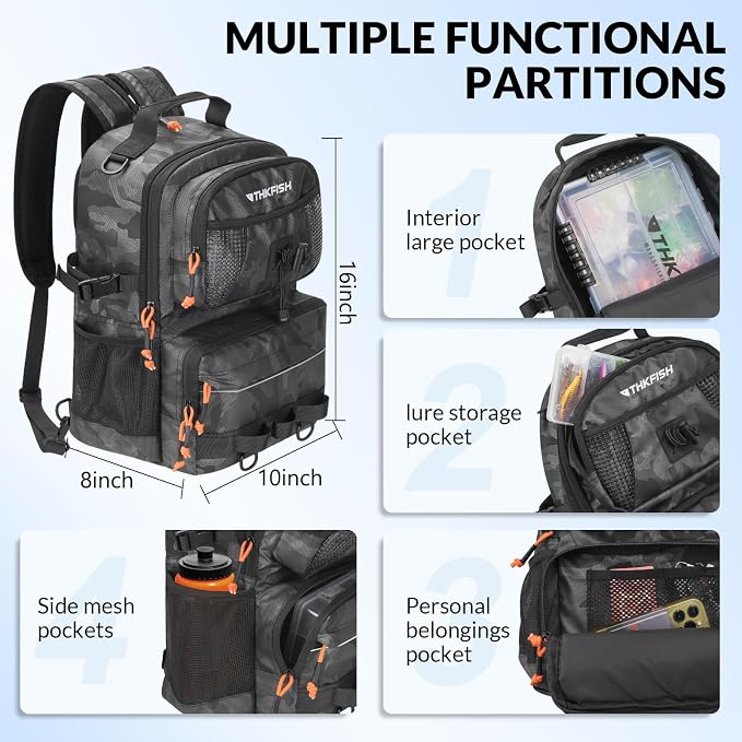 THKFISH Fishing Backpack Tackle Sling Bag, 20L Tackle Backpack with Rod Holder Store Fishing Gear, Gifts for fishermen