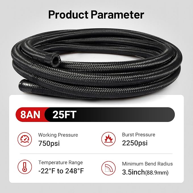 EVIL ENERGY 8AN Fuel Line Kit, 8AN Nylon Braided Fuel Line Hose Fitting Kit CPE 25FT Black