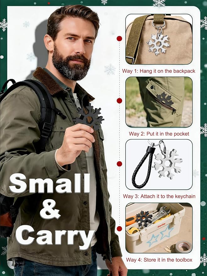 ZONICE 18-in-1 Snowflake Multi Tool – Stainless Steel with Bottle Opener & Wrench,Compact EDC Tool for Camping,Fishing,Hiking, Stocking Stuffers,Gifts for Men,Dad,Husband (Silver + Black)