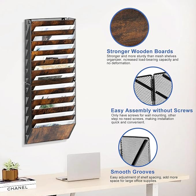 TQVAI 12-Pocket Hanging Wall File Organizer - Metal Folding Wall Mounted Mail Document Holder, Multi-Purpose Clipboard Storage Rack for Office, Homeschool, Classroom Organization, Black/Vintage