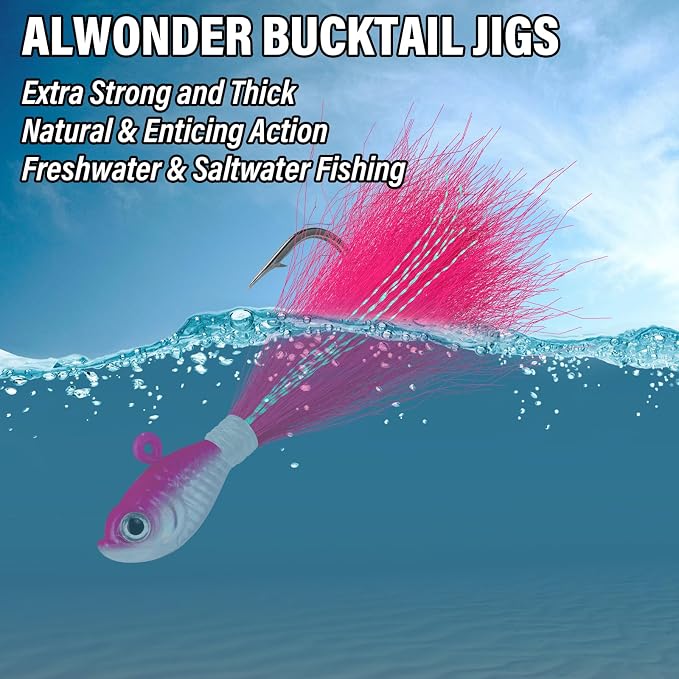 Alwonder 5-Pack Bucktail Jigs Hair Jigs Saltwater Freshwater Fishing Bucktail Lures Surf Fishing Jig Heads White Luminous Chartreuse Swimbait Jig for Bass Flounder Striper Bluefish Halibut Redfish
