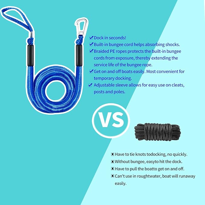 Single Hook Bungee Dock Lines – Heavy-Duty Elastic Mooring Ropes for Boats, PWCs & Kayaks | Adjustable PVC Sleeve | 316 Stainless Steel Clip (1, Blue, 14 Feet)