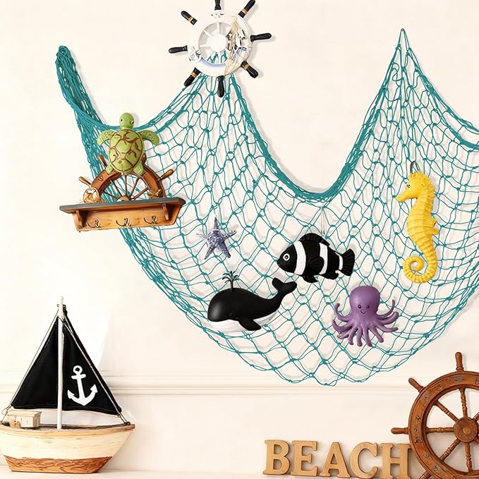 Decorative Fishing Net 2 Pack, 80x40 Inch Large Aqua Fish Net Decor for Wall, Photo Display, Nautical Mermaid Pirate Ocean Themed Beach Hawaii Under the Sea Party Decorations