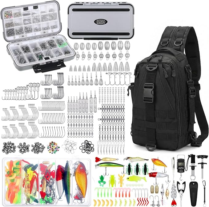 WinnerWhy 484 Pcs Fishing Tools Accessories Kit Include Fish Backpack Fish Hook Lures Hook Remover Lip Gripper for Men Women Fishing Gifts(Black)