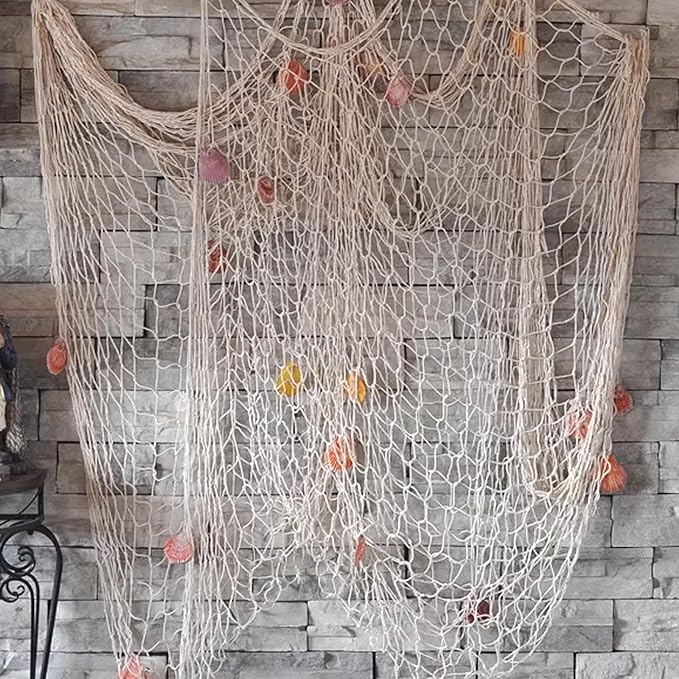 Fangoo 79x39 Inch Nautical Fishing Net Wall Decorations for Under the Sea Party with Shells and Starfish Crafts Bathroom Ceiling Table Decor for Beach Ocean Pirate Wedding Themed Party (beige)