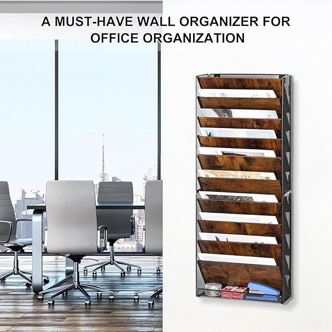 TQVAI 10-Tier Hanging Wall File Organizer - Folding Wall Mounted Mail Document Holder, Metal Clipboard Storage Rack for Office, Homeschool, Classroom Organization, Black/Vintage