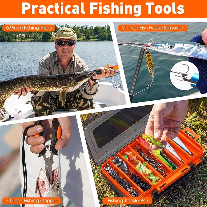 RoundFunny 256 Pcs Fishing Backpack with Tackle Box Gears, Tackle Sling Bag Backpack, Fishing Hook, Lures, Retractable Landing Net, Plier, Lip Gripper, Hook Remover, Fish Gift Men
