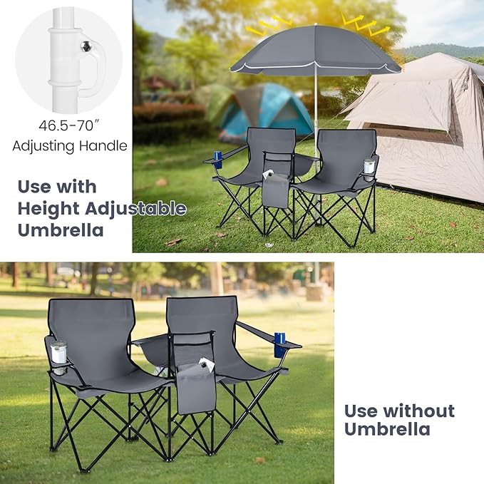 Tangkula Double Camping Chairs with Umbrella, Portable 2 Seat Folding Camp Chair with Cooler Bag, Beverage Holder, Carrying Bag, Foldable Lawn Chair for Outside, Fishing, Picnic, Beach