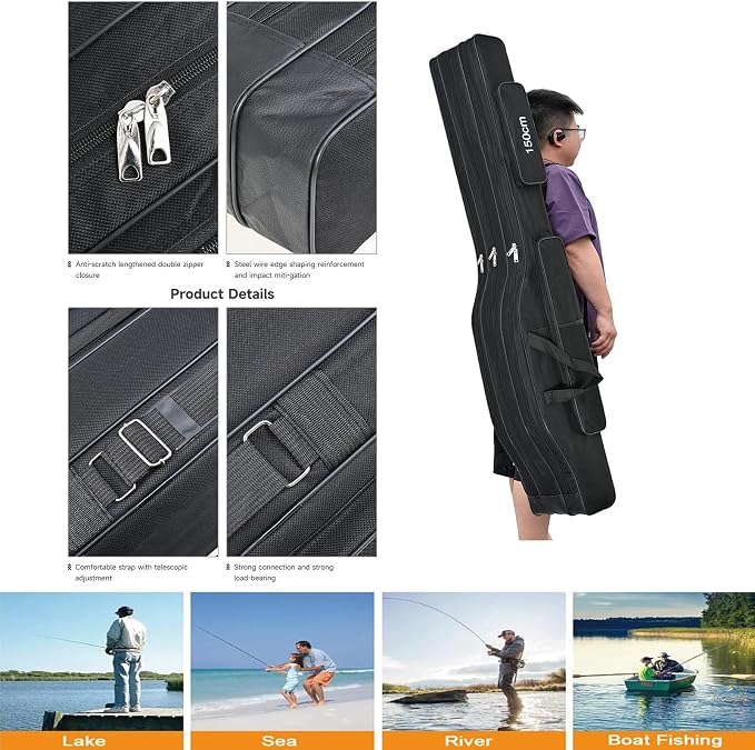 3 Layers Fishing Pole Bag,Portable 3 Layers Oxford Folding Rod Carry Case,Fishing Reel Tackle Storage Bag Case