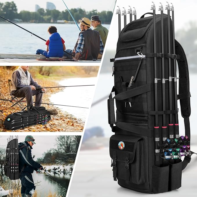Rexmica Fishing Backpack Holds 8 Rods & Reels, Fishing Tackle Bag with Compartment for Tackle Boxes, Fishing Gear or Equipment, Fishing Rod Case Backpack, Fishing Pole Bag with Tactical Molle System