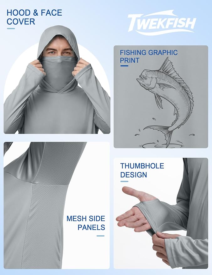 Men's UPF 50+ Long Sleeve Fishing Hoodie, UV Protection Sun Shirt with Hood Mask, Hooded Graphic Shirts for Outdoor