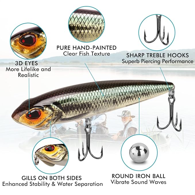 TRUSCEND Popobait Easy Catch Fishing Lures with BKK Hooks, Instant Startup, Longer Cast, Balanced Spray/Sound/Swim, Plopper Topwater Lures for Bass, Trout, Pike, Walleye, Freshwater Saltwater Fishing