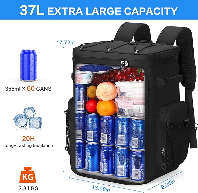 Insulated Backpack Cooler 60 Can for Men & Women,Leak Proof Waterproof Cooler Backpack for Beach Tailgate Camping Travel Fishing 37L