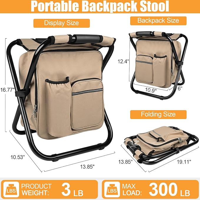 Kikerike Backpack Stool Cooler Chair Heavy Duty 300 LBS Max Load Portable Lightweight Stool Backpack Folding Fishing Cooler Seat for Camping Hunting Fishing - Sand