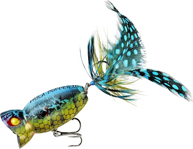 Arbogast Hula Popper 2.0 Topwater Fishing Lure with Feathered Treble Hook and Crackle Pattern Body