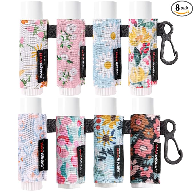 HEYSKAY 8PCS Lip Balm Keychain Holder Compatible with Chapstick, Stocking Stuffers Gifts Keychain Lip Gloss Holder Key Chain Lipstick Holder Sleeves（Floral Patterns）