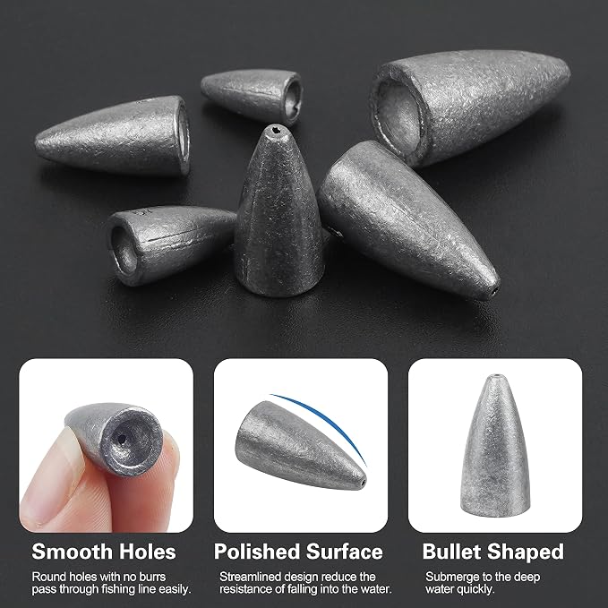 Fishing Weights Sinkers, 50pcs Bullet Fishing Sinkers Worm Weights Slip Sinkers Sliding Fishing Weight for Bass Fishing Pitching and Flipping Texas Rig Saltwater Freshwater Fishing Tackle