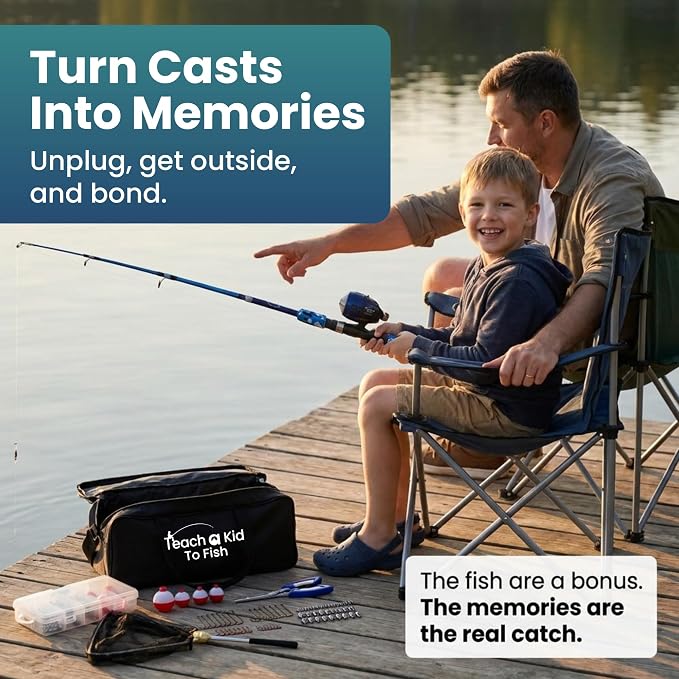 Kids Fishing Pole and Tackle Box Kit - Complete Fishing Kit for Beginners with Rod, Reel, Net & Fish Hook Remover Pliers and Carry Bag, Hands-Free Experience for Boys & Girls