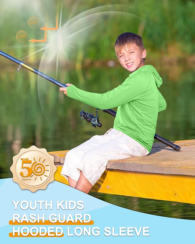 Roadbox Boys Rash Guard Hooded Fishing Shirt, Kids UPF 50+ Long Sleeve Sun Hoodie, Youth UV Protection Beach Swim Shirts