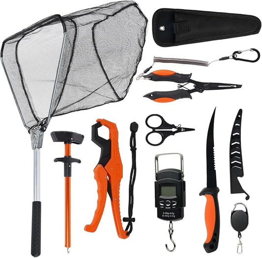 RAWILL 9 Pcs Fishing Tool Kit, Fishing Pliers with Lanyard and Protective Sheaths, Landing Net, Fillet Knife, Fish Scale, Gripper