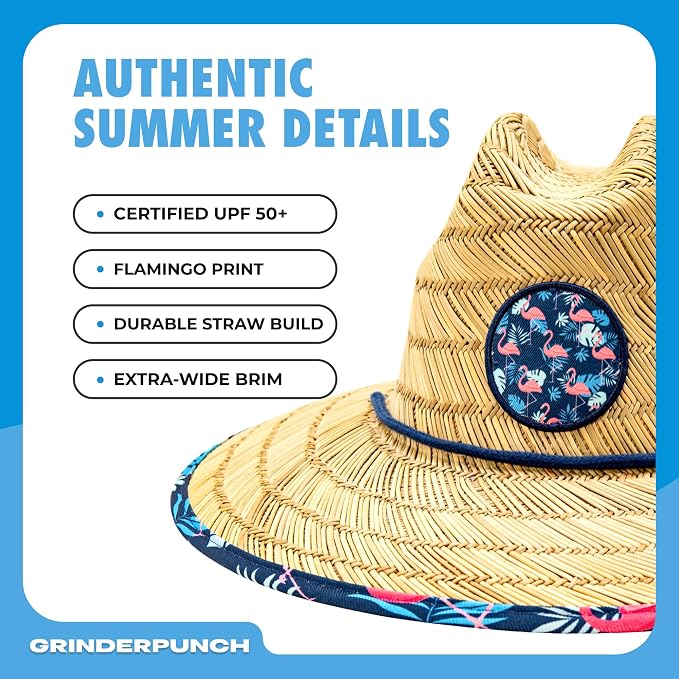 grinderPUNCH Lifeguard Hat Mens Straw Sun Hat for Outdoor American Flag USA Patriotic Straw Beach Fishing Straw Hat for Men
