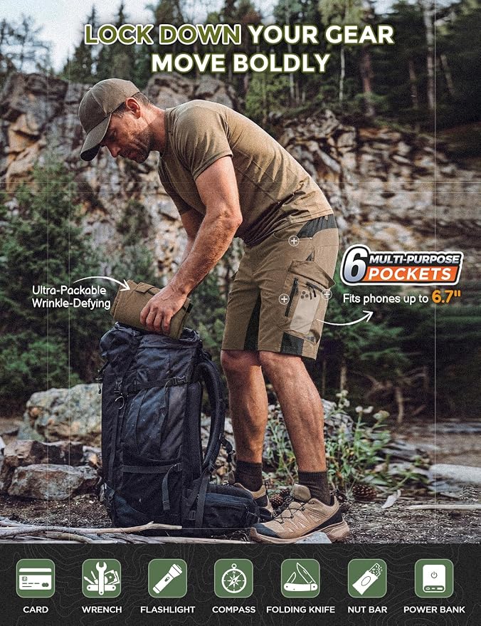 XKTTAC Men's Outdoor Quick Dry Lightweight Stretchy Shorts for Hiking, Tactical, Camping, Travel with 6 Pockets