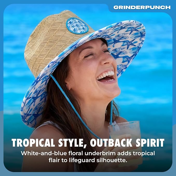 grinderPUNCH Lifeguard Hat Mens Straw Sun Hat for Outdoor American Flag USA Patriotic Straw Beach Fishing Straw Hat for Men