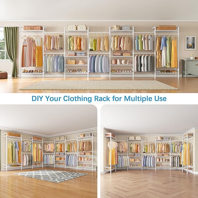 Timate U3 U Shape Heavy Duty Expandable Industrial Pipe Clothing Rack, Wall Mounted L Shaped Closet System, Large Closet Kit, White