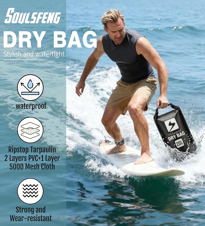 Soulsfeng Waterproof Dry Bag Backpack, Roll Top Floating Dry Storage Bag with Phone Case, Lightweight Dry Sack for Kayaking, Boating, Beach, Travel, Camping 10L, Black