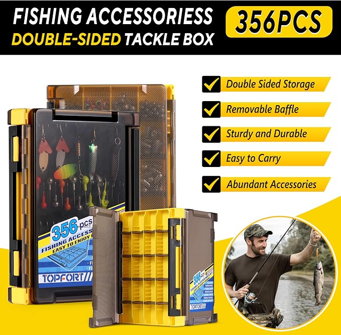 TOPFORT 187/343pcs Fishing Accessories Kit, Organized Fishing Tackle Box with Tackle Included, Fishing Hooks, Fishing Weights Sinkers, Fishing Gear and Equipment, Fishing Gift for Men