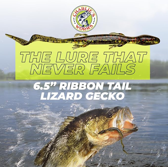 Charlie's Worms Lizard Gecko, Scented Soft Bait for Freshwater & Saltwater Fishing, Durable Lures for Bass, Trout, Reptiles, Aquatic Frogs, Minnows, Feeder Bait, 8pk, Green Pumpkin
