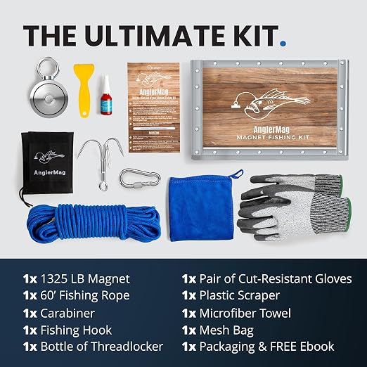 AnglerMag Magnet Fishing Kit - 1325 lbs Double Sided Neodymium Magnetic Fishing Stuff with Rope - 10 PCS Extra Strong Complete Gift Set with eBook, Carabiner, Gloves, Grappling Hook & Carrying Bag