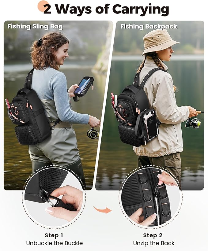 MATEIN Fishing Sling Bag with Lure Rod Holder & Phone Pouch, Waterproof 3600 Tackle Box Backpack with Removable Bait Binder