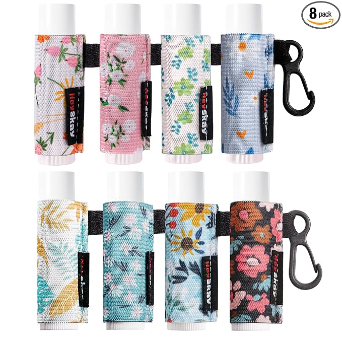 HEYSKAY 8PCS Lip Balm Keychain Holder Compatible with Chapstick, Stocking Stuffers Gifts Keychain Lip Gloss Holder Key Chain Lipstick Holder Sleeves(Floral Set A-8PCS)