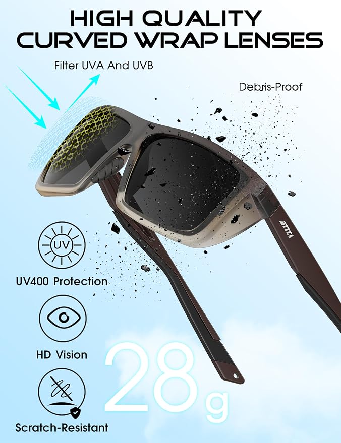 ATTCL Sports Polarized Sunglasses for Men: Secure Anti-Slip Lightweight TR90 Square Frame UV Protection for Driving Fishing