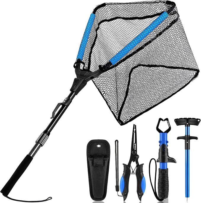 PLUSINNO Fishing Net Fish Floating Landing Net, Kayak Nets with Fixed Foldable Telescopic Pole Handle, Bass Trout Fishing Nets with Nylon Mesh for Pond Lake River, Fishing Gear Gifts for Men Anglers