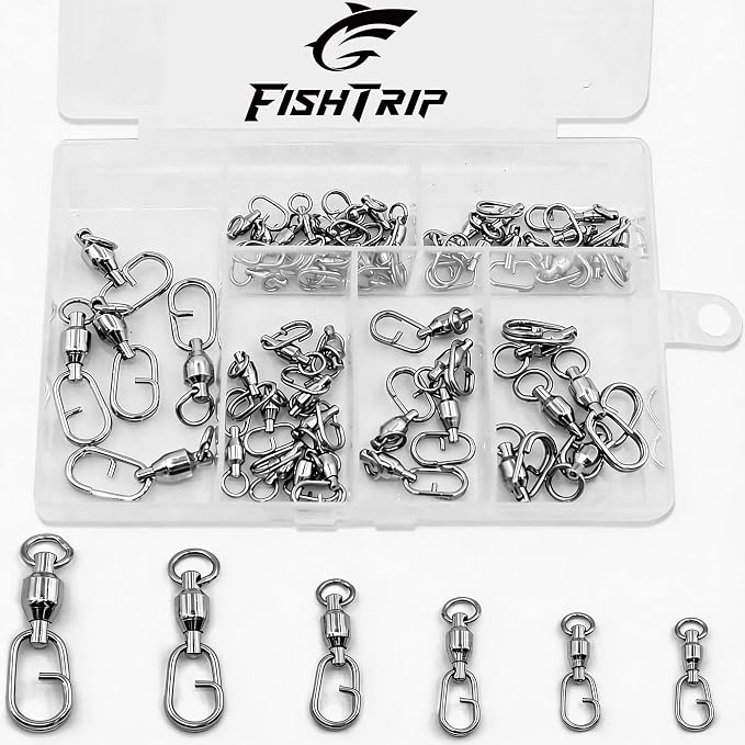 FishTrip Fishing Ball Bearing Swivel with Oval Split Rings, 25/50 Pack High Strength Stainless Steel Fishing Swivels & Snaps Quick Change Snap Swivels Fishing Tackle Split Rings Saltwater Freshwater