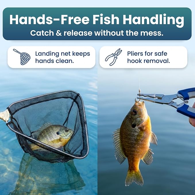 Kids Fishing Pole and Tackle Box Kit - Complete Fishing Kit for Beginners with Rod, Reel, Net & Fish Hook Remover Pliers and Carry Bag, Hands-Free Experience for Boys & Girls