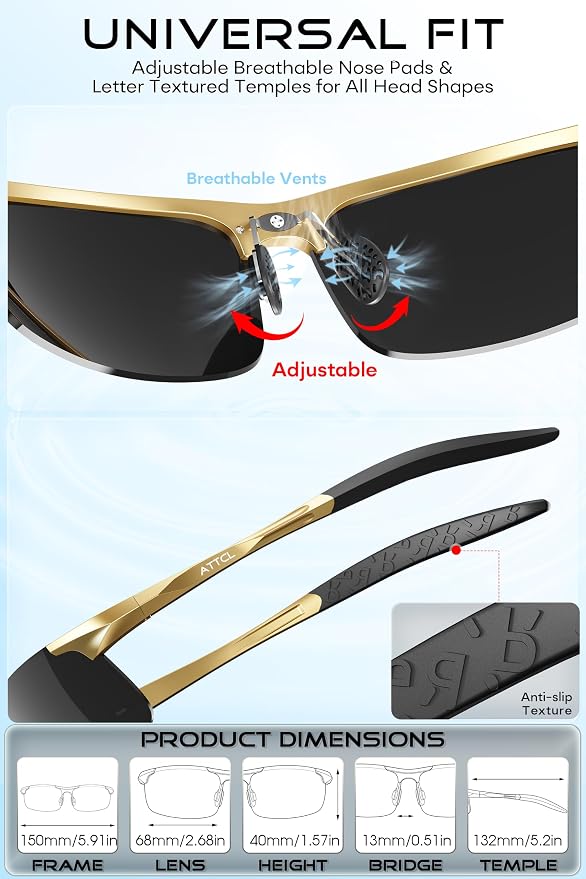 ATTCL 0.9 oz Polarized Sunglasses Men Sports: UV Protection Anti Glare Wrap Around Lightweight Metal Fishing Golf Running