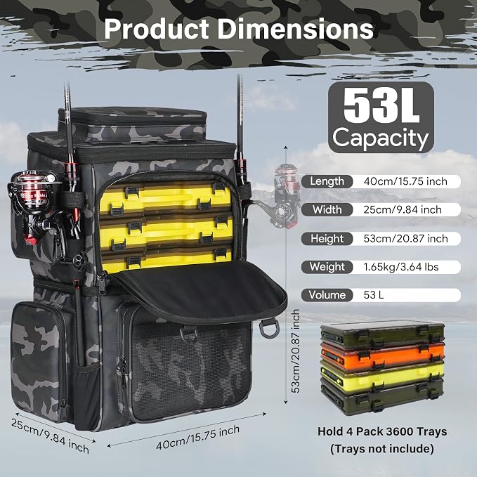 Fishing Tackle Backpack with Cooler Bag, 53L Waterproof Fishing Bag with 2 Rod Holders, Large Fishing Backpacks with Bottle Holder & Coolers, Tackle Storage, Heavy Duty Outdoor Cooler Backpack for Men