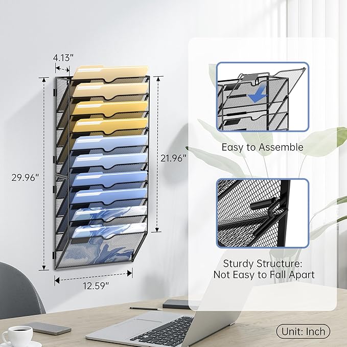 DALTACK Wall File Organizer, 10 Tier Hanging File Organizer, Mail Organizer Wall Mounted for Papers Folders Clipboard Magazine, Office Cubicle Organization & Storage, Assembly Needed Black 2 Pack