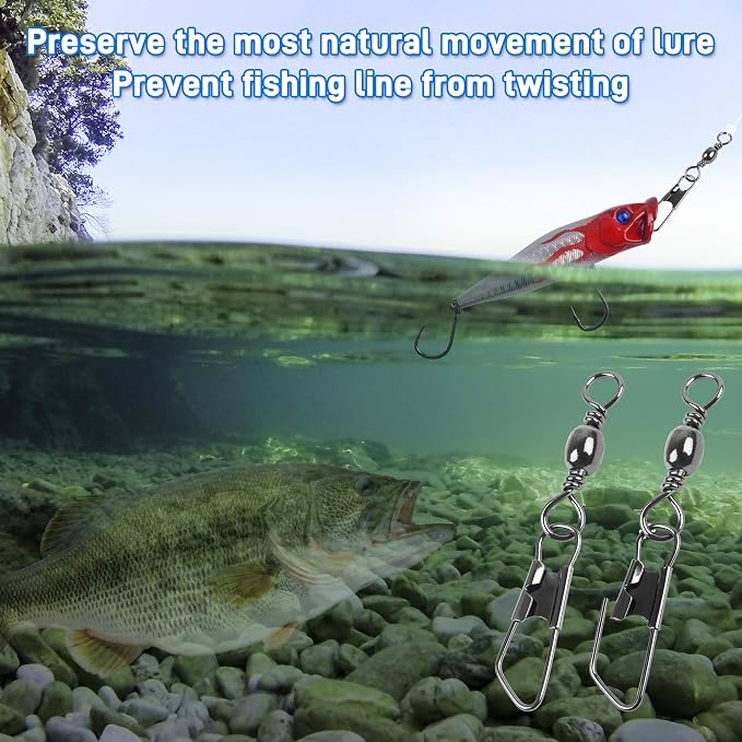 SILANON Fishing Barrel Swivels Snaps, Barrel Swivel with Safety Snap Stainless Steel Brass Swivels Fishing Tackle Line Connector High Strength Solid Rings for Saltwater Freshwater